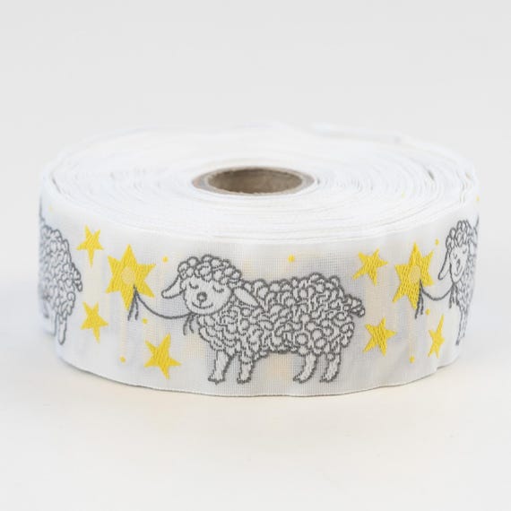 KAFKA G-12/10 Jacquard Ribbon Woven Organic Cotton Trim 1-1/4" wide (32mm) White Background w/Smiling Sheep & Yellow Stars