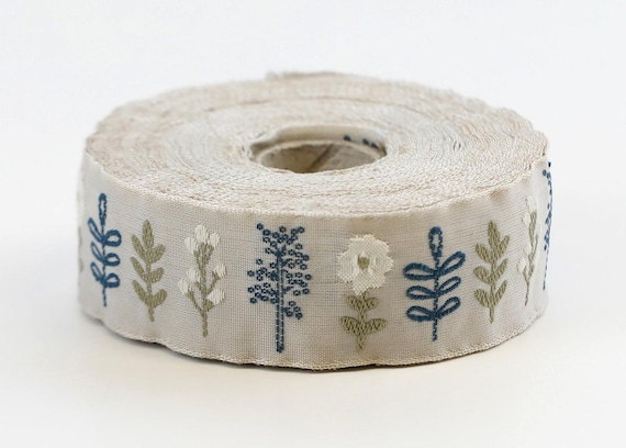 KAFKA F-12/07 Jacquard Ribbon Woven Organic Cotton Trim 1" wide (25mm) Lt Tan Background w/Blue & White Flowers, Beige Stems/Leaves