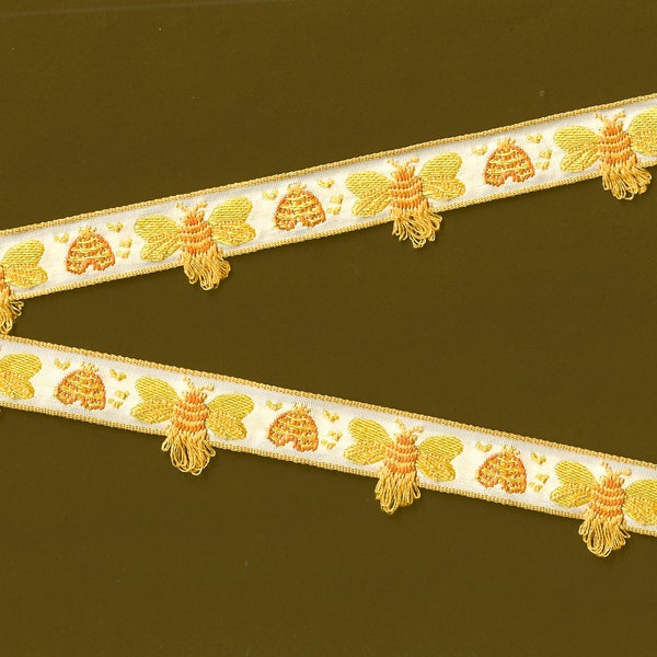 INSECTS C-07-A Jacquard Ribbon Cotton Trim 5/8" Wide (16mm) VINTAGE RARE Made in France Busy Bumble Bees w/Fringe & Hives on Ivory