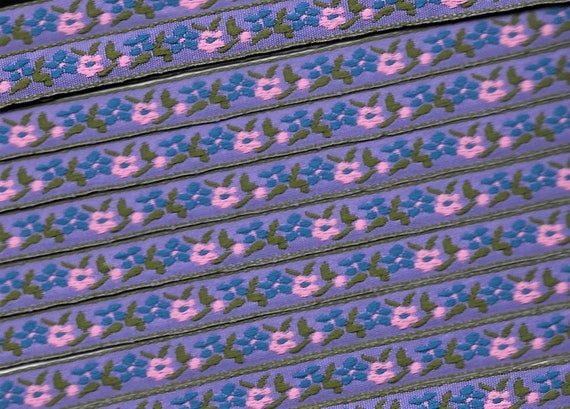 FLORAL A-30-A Jacquard Ribbon Polyester Trim 3/8" wide (9mm) Purple Background w/Blue & Pink Flowers, Olive Green Borders/Leaves