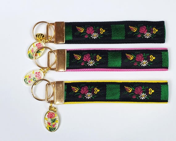 FLORAL (Black with Roses) Jacquard Ribbon/Nylon Web 1" wide (25mm) 5.5" long Key Fob w/Charms