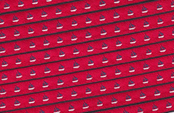 KAFKA A-16/05 Jacquard Ribbon Organic Cotton Woven Trim 3/8" wide (9mm) Red Background w/Petite White & Navy Blue Sailboats, Nautical
