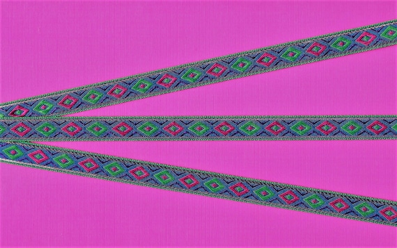 METALLIC B-06-B Jacquard Ribbon Poly Trim, 1/2" Wide (13mm) Diamond Design in Green Purple Blue Metallic Gold Borders
