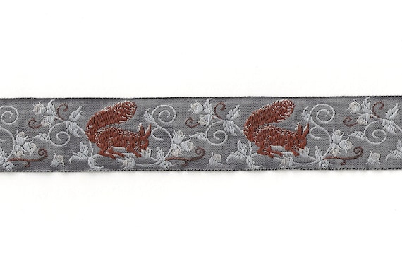KAFKA G-34/06 Jacquard Ribbon Organic Cotton Trim 1-1/4" wide (32mm) Gray w/Fawn-Rust Squirrels