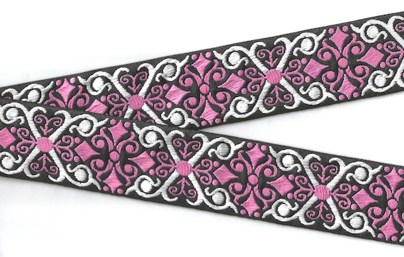 GEOMETRIC H-09-K Jacquard Ribbon Woven Poly Trim 1-1/2" Wide (38mm) Black Background, White "X" w/Hot Pink Scrolls/Swirls, Per Yard