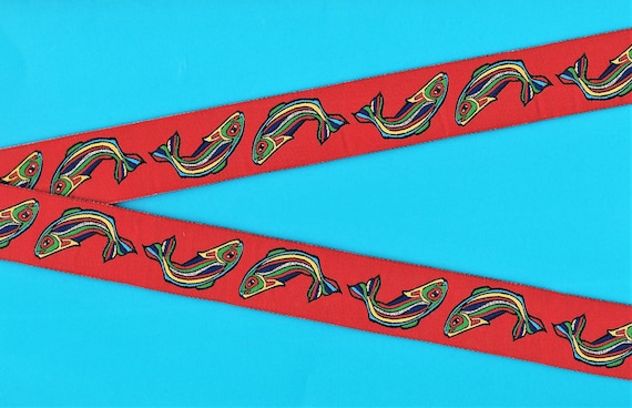 RDS F-22-A Jacquard Ribbon Polyester Trim 1" wide (25mm) Red Background w/Rainbow Fish & Metallic Silver Accents