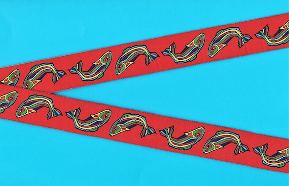 RDS F-22-A Jacquard Ribbon Poly Trim, 1" Wide (25mm) Red Background w/Rainbow Fish & Metallic Silver Accents