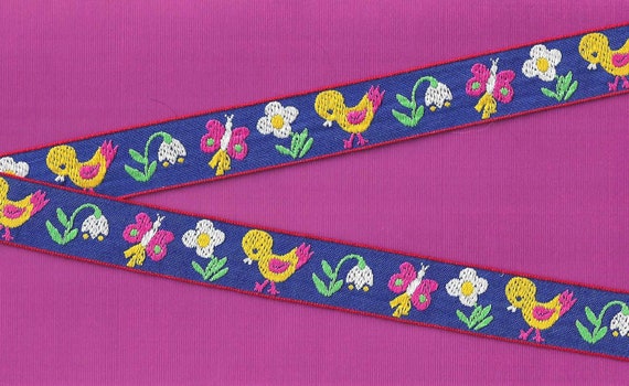 CHILDREN's E-12-A Jacquard Ribbon Cotton Trim 7/8" Wide (22mm) VINTAGE Yellow Ducks, Pink Butterflies & White Flowers on Blue
