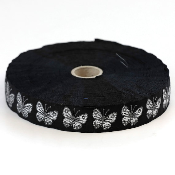KAFKA D-10a/08 Jacquard Ribbon Woven Organic Cotton Trim 13/16" wide (21mm) Black with Metallic Silver Butterflies