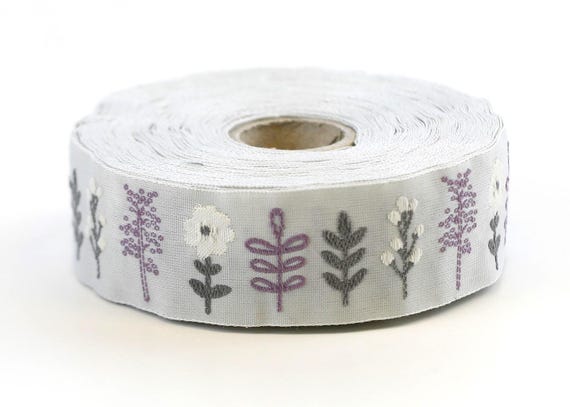 KAFKA F-12/06 Jacquard Ribbon Woven Organic Cotton Trim 1" wide (25mm) Lt Gray Background w/Lilac & White Flowers, Gray Stems/Leaves