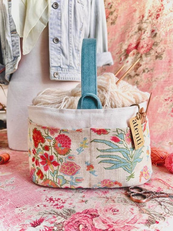ATENTI "GEMMA" Peach, Apricot, Teal & Ivory, (Rust Handles) 8-Pocket Short Bucket Needle Arts/Knitting Bag, Handmade USA
