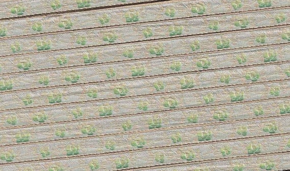 FLORAL A-01-J Jacquard Ribbon Rayon Trim, 5/16" wide, RARE Made in France, Gray w/Variegated Green Flowers & Beige Accents