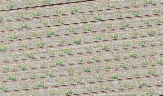 FLORAL A-01-J Jacquard Ribbon Rayon Trim, 5/16" wide, RARE Made in France, Gray w/Variegated Green Flowers & Beige Accents