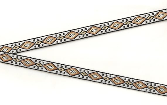 NATIVE AMERICAN B-34-A Jacquard Ribbon Polyester Trim 9/16" wide (14mm) White Background w/Beige/Taupe/Black Diamond Design