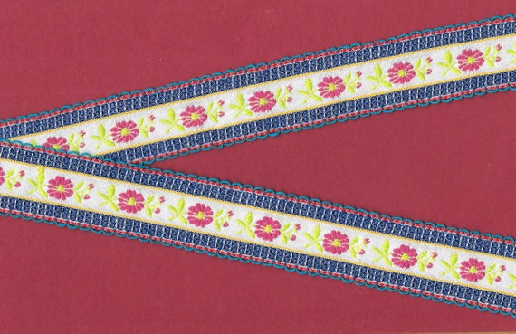 FLORAL G-05-B Jacquard Ribbon Cotton Trim 1-1/4" wide (32mm) White Background, Red Flowers, Lt. Green Leaves Turq Picot Edging, REMNANTS