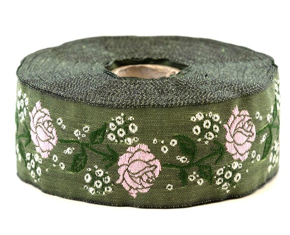 KAFKA G-08/103 Jacquard Ribbon Organic Woven Cotton Trim 1-1/4" wide (32mm) Sage Green Background w/Pink Roses & Gypsophila