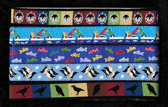 ALASKAN Ribbon Gift Pak #4 Jacquard Ribbon Poly Trim 1/2" (13mm) 1yd each of 5 Designs, Spirit Masks, Ice Fishing, Fish, Puffins, Ravens