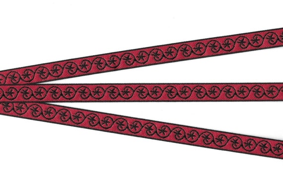 GEOMETRIC B-08-A Jacquard Ribbon Polyester Trim 1/2" wide (13mm) Red Background, Black Border with Black Scroll Design