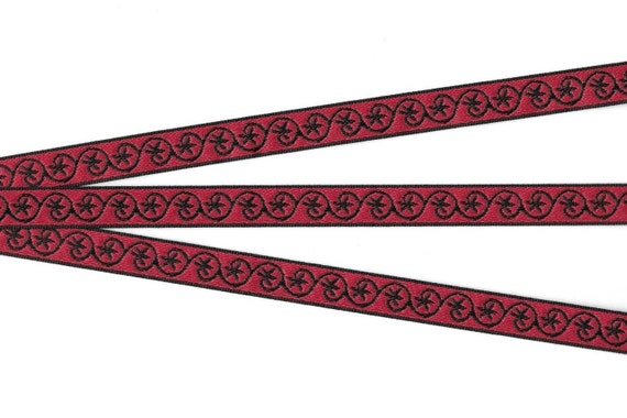 GEOMETRIC B-08 Jacquard Ribbon Poly Trim, 1/2" Wide (13mm) Red Background, Black Border with Black Scroll Design, Priced Per Yard