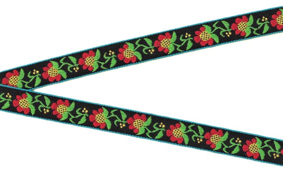 FLORAL D-05-C Jacquard Ribbon Poly/Cotton Trim 3/4" wide (20mm) Black w/Red & Yellow Sunflowers
