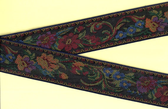FLORAL TAPESTRY M-08-K Jacquard Ribbon Poly Trim 2-1/4" wide (57mm) Black w/Yellow, Orange, Red, Purple & Blue Flowers, Dk Green Leaves