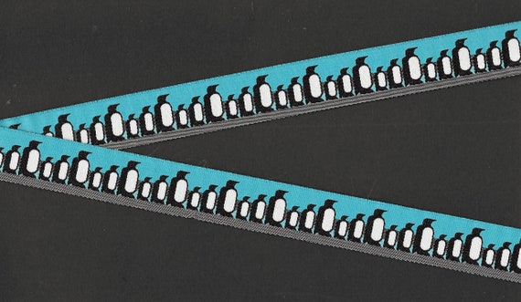 ANIMALS/Water E-08-A Jacquard Ribbon Poly Trim, 7/8" Wide (22mm) Teal Background Grey Border, Black & White Penguin Family