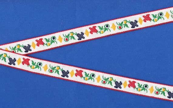 FLORAL D-22-A Jacquard Ribbon Cotton Trim 3/4" wide (20mm) White w/Red Borders, Red & Blue Tulips, Yellow Accents, Green Stems