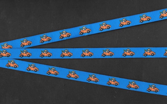 ANIMALS/Dogs B-DP-01a Jacquard Ribbon Poly Trim, 1/2" Wide (13mm) "Cruisin" Blue w/Dogs in Orange Cars w/Green Scarves