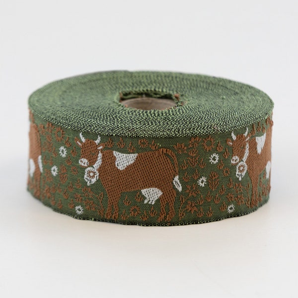 KAFKA G-17/01 Jacquard Ribbon Organic Cotton Trim 1-1/4" wide (32mm) Olive w/Fawn & White Cows, White Horns, White Flowers