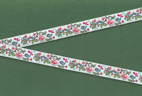 ANIMALS/Birds C-24-A Jacquard Ribbon Polyester Trim 5/8" wide (16mm) Lt Blue Background w/Blue Birds w/Green Leaves saying "LOVE"
