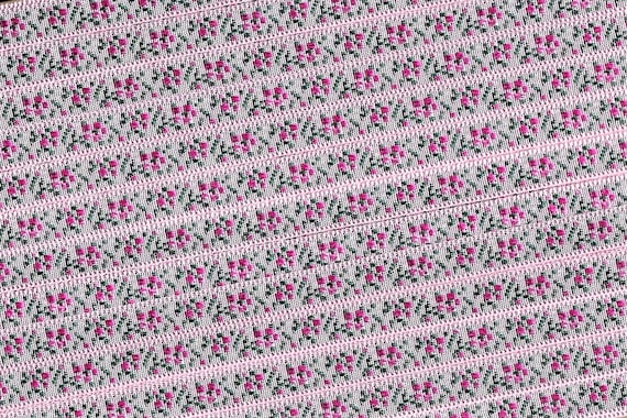 FLORAL A-05-R Jacquard Ribbon Rayon Trim, 5/16" wide, From Switzerland, Pink Background w/Variegated Pink Flowers Green Leaves