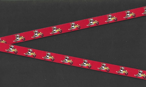 ANIMALS/Dogs B-DP-01aa Jacquard Ribbon Poly Trim, 1/2" Wide (13mm) "Biker Dog" Red with White Dogs, Black Shirts/Yellow Scarves, Per Yard