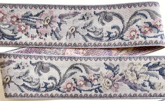 FLORAL TAPESTRY M-09-E Jacquard Ribbon Cotton Trim 2-5/8" wide (67mm) VINTAGE Lt Taupe w/Flowers in shades of Gray & Pink, Gray Leaves