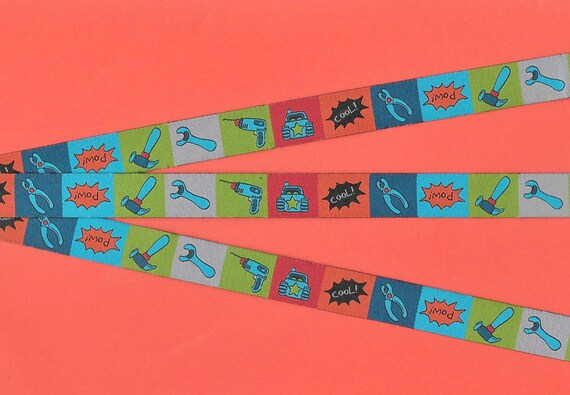 Children's C-31 Jacquard Ribbon Poly Trim, 5/8" Wide (16mm) FARBENMIX, Multi-Colored Block Background w/Tools, Cars & Words, Priced Per Yard