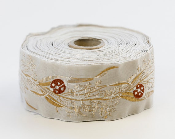 KAFKA H-01/09 Jacquard Ribbon Organic Woven Cotton Trim 1-1/2" wide (40mm) BEIGE w/Sweet Reddish Brown Ladybugs Taupe Leaves/Stems