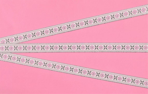 METALLIC B-04-A Jacquard Ribbon Poly Trim, 1/2" Wide (13mm) White Background w/Pale Pink Flowers, Metallic Silver Accents