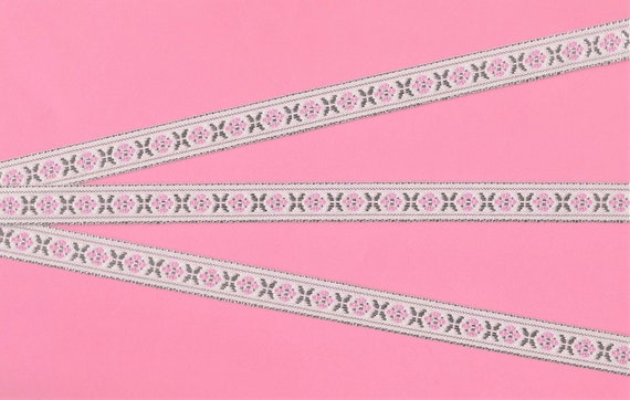 METALLIC B-04-A Jacquard Ribbon Poly Trim, 1/2" Wide (13mm) White Background w/Pale Pink Flowers, Metallic Silver Accents