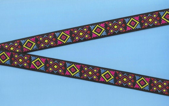 NATIVE AMERICAN D-01-B Jacquard Ribbon Poly Trim 3/4" Wide (20mm) Bright, Multi-Colorful Diamond Tribal Aztec Native Pattern, Per Yard