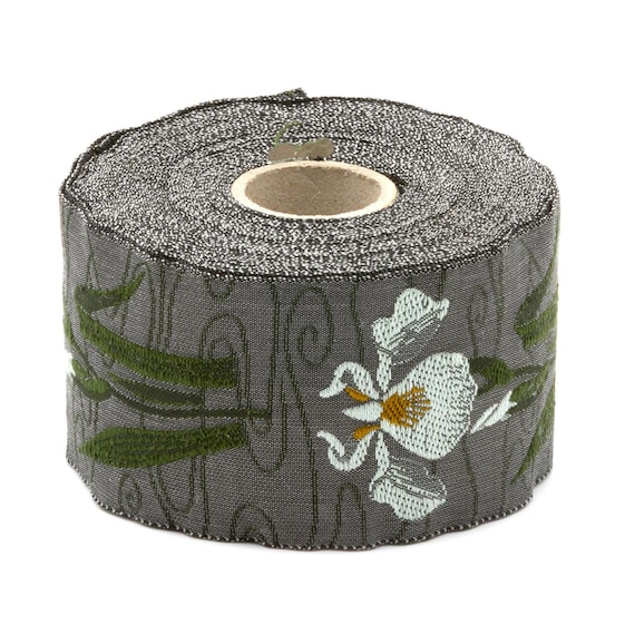 KAFKA H-10/03 Jacquard Ribbon Organic Cotton Trim 1-5/8" wide (40mm) Gray w/Pale Green Irises