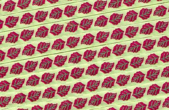 KAFKA A-01/03 Jacquard Ribbon Woven Organic Cotton Trim 7/16" wide (10mm) Lime Green Background w/Red Leaves & Green Center Veins