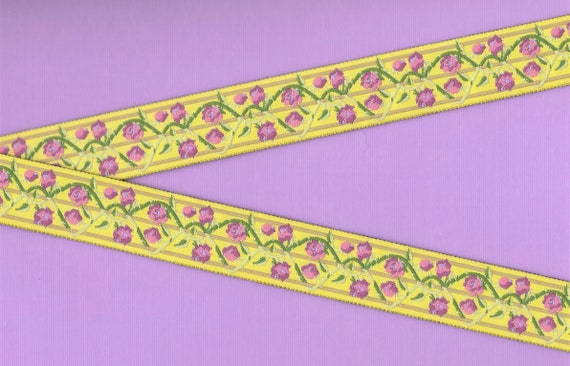 FLORAL F-14-B Jacquard Ribbon Poly Trim 7/8" wide (22mm) Yellow Background w/Purple & Hot Pink Roses, Beige/Olive Trellis w/Vines