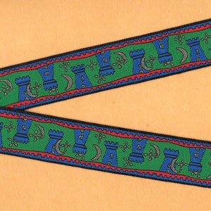 Märchen der KINDER G-05-A Jacquardband Poly Trim, 1-1 / 4 "breit (32 mm) grüner Hintergrund mit blauen Schlössern, metallische Goldakzenten