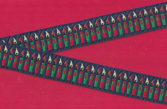 NOVELTY/Birthday G-50-A Jacquard Ribbon Cotton Trim 1-1/4" wide (32mm) VINTAGE, Navy Background with Red & Green Birthday Candles