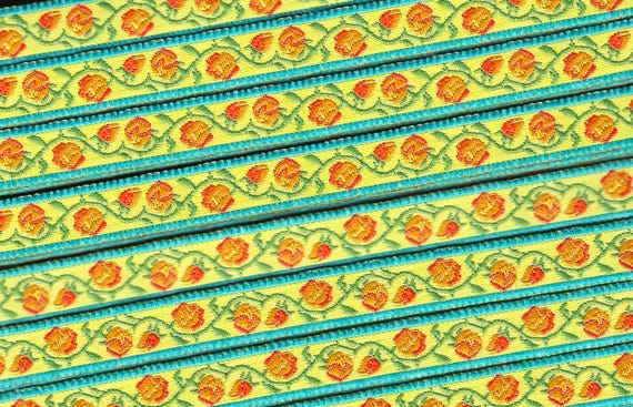 FLORAL B-43-A Jacquard Ribbon Poly Trim 1/2" wide (13mm) Celery Background, Turquoise Borders, w/Yellow & Orange Flowers, Green Vines/Leaves