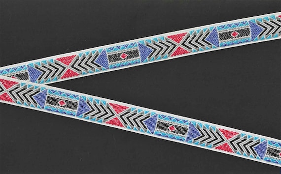 NATIVE AMERICAN D-19-D Jacquard Ribbon Cotton Trim, 3/4" Wide (20mm) Black Background w/Turquoise, Gray, Red, Blue Tones