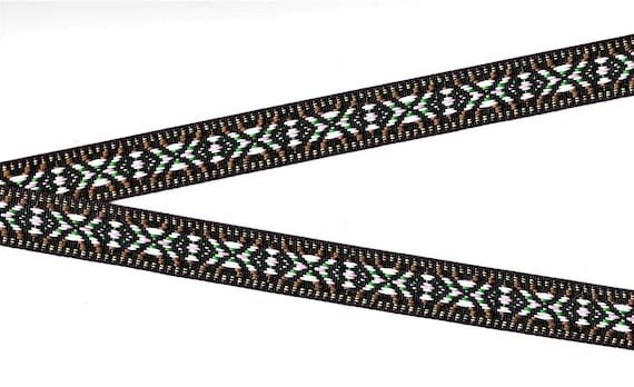 NATIVE AMERICAN D-12-B Jacquard Ribbon Poly Trim, 3/4" Wide (20mm) Black Background w/Brown White Green Red Yellow & Pink Accents