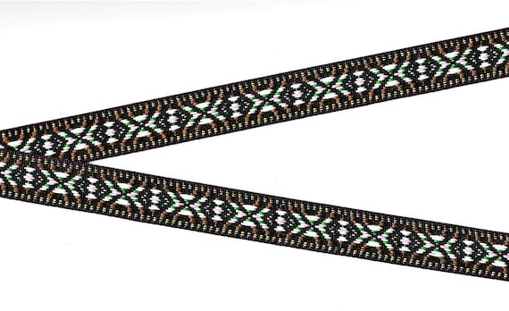 NATIVE AMERICAN D-12-B Jacquard Ribbon Poly Trim, 3/4" Wide (20mm) Black Background w/Brown White Green Red Yellow & Pink Accents, Per Yard