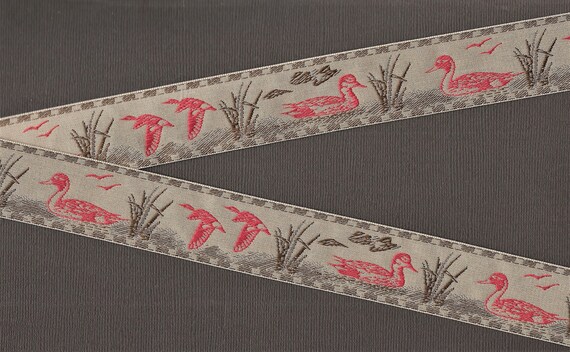 ANIMALS/Birds G-01-A Jacquard Ribbon Poly Trim 1-1/4" Wide (32mm) Tan Background w/Red Ducks, Chocolate Brown Grasses & Borders, Per Yard