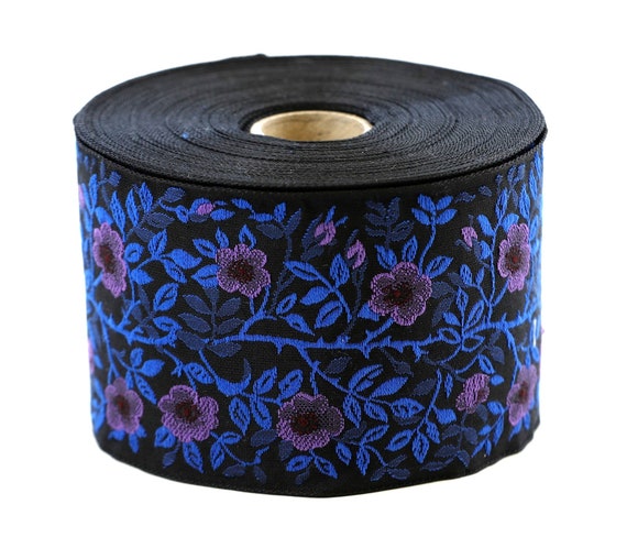 KAFKA L-01/42 Jacquard Ribbon Woven Organic Cotton Trim 2-3/8" wide (60mm) Black Background w/Purple Roses, 2-Tone Royal Blue/Navy Leaves