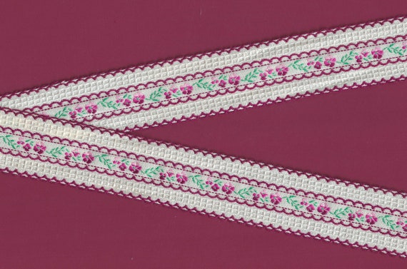 FLORAL H-04-D Jacquard Ribbon Cotton Trim, 1-3/4" wide (44mm) Ivory w/Burgundy Picot Edge, Variegated Pink Flowers, Green Leaves
